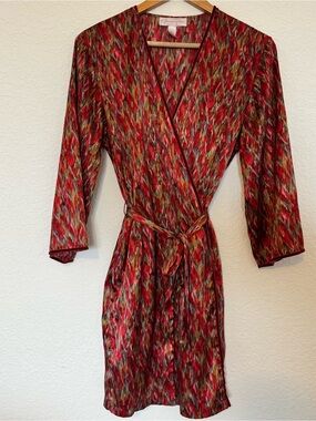 VTG Oscar De La Renta Pink Label Robe Small 3/4 Sleeve Red Water Color Silky